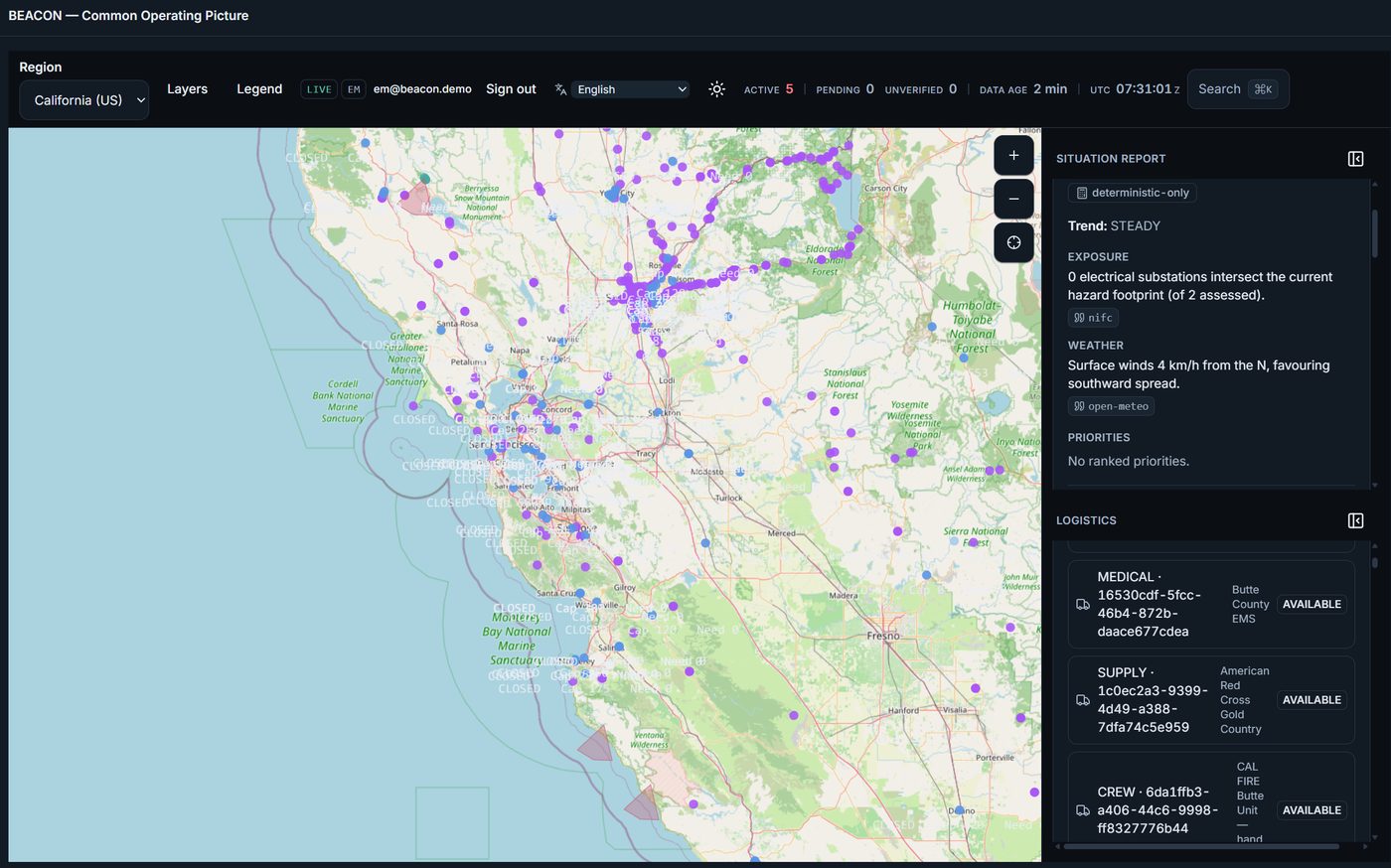 The BEACON common operating picture for California: live fire detections, infrastructure and logistics on a map, with the situation report and resource list beside it
